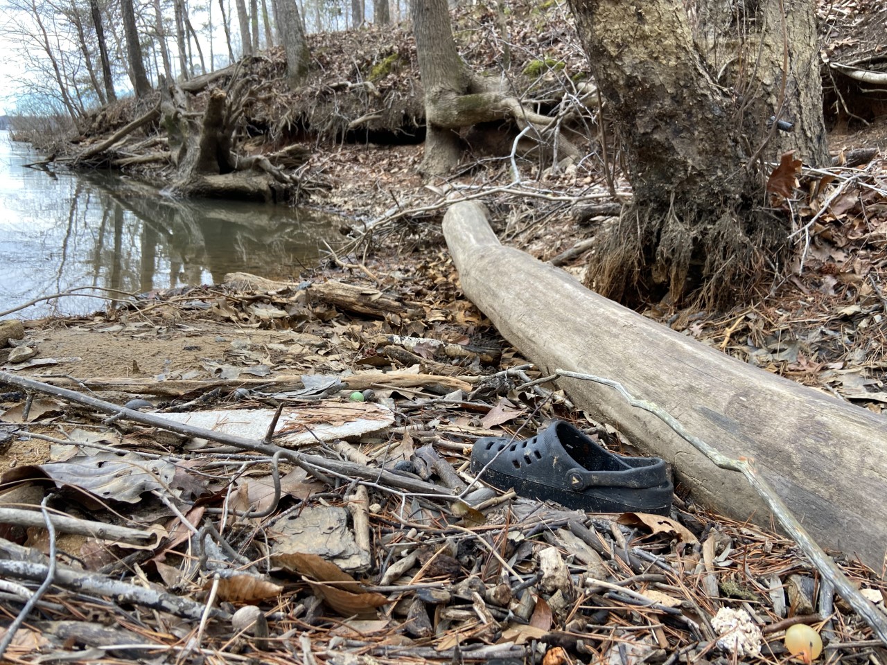 Shoe and trash along shoreline of Lake Lanier, Georgia